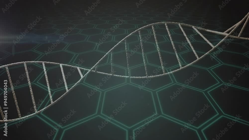 Poster dna strand animation over hexagonal grid background