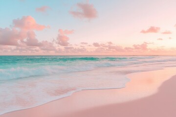 Tranquil Beach with Pink Sunset Sky and Rolling Waves