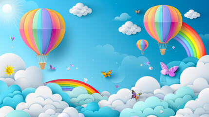 Naklejka premium Beautiful fluffy clouds on blue sky background with summer sun