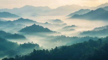 Fototapeta premium Misty Mountain Landscape at Sunrise