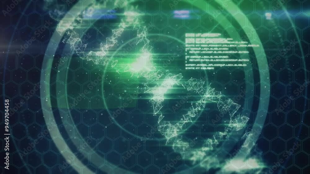 Poster dna strand and data analysis animation over hexagonal grid background