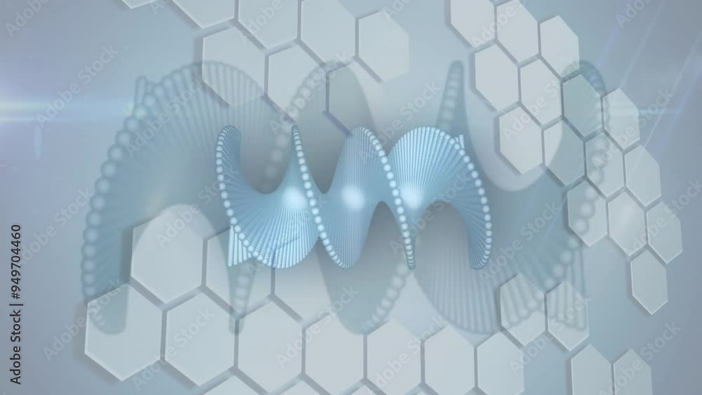 Poster dna strand and hexagonal shapes, scientific data animation