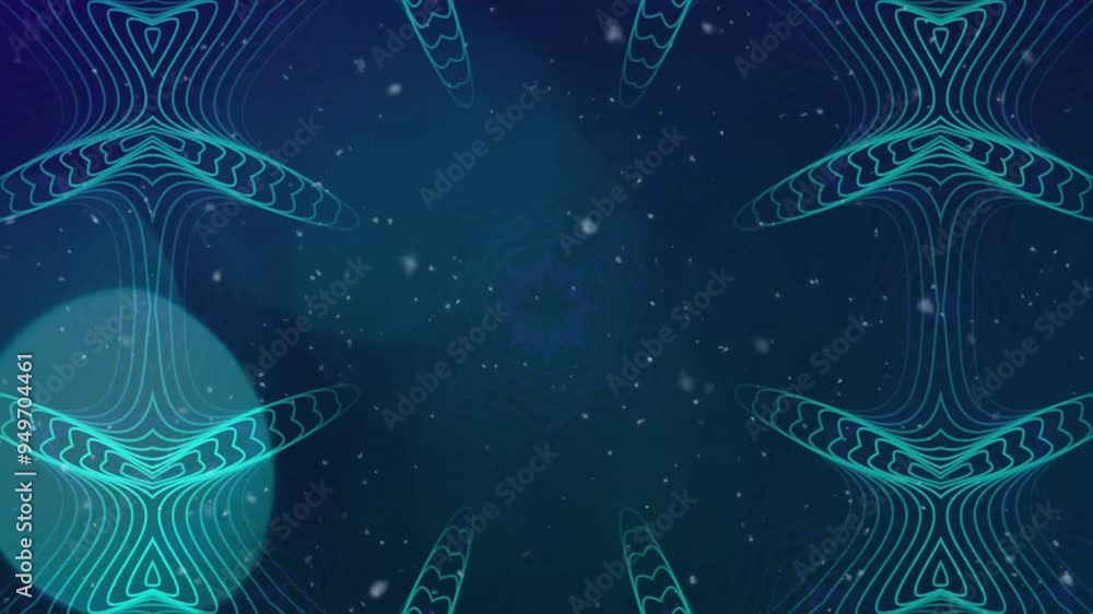 Poster geometric patterns and glowing shapes animation over dark blue background with particles