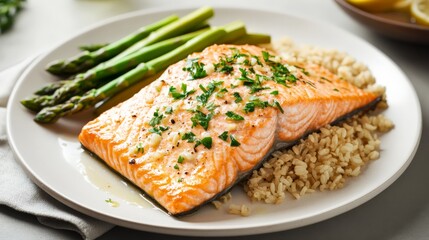 Grilled salmon fillet with asparagus and brown rice on a white plate, garnished with herbs, creating a healthy, delicious meal presentation.