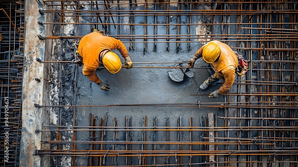 Poster Builders workers at a house construction site are installing prepare formwork reinforcement for pouring concrete Process of work on a construction site Work at height : Generative AI