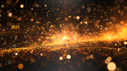 Obraz premium Bokeh lights in golden hues dance over a sparkling backdrop with a radiant glow at the center