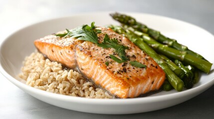 Grilled salmon served with brown rice and asparagus on a white plate. Healthy, delicious meal perfect for balanced nutrition.