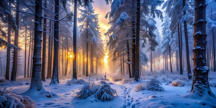 Whispers of winter silence in peaceful Slottsskogen forest, snow-heavy branches, misty dawn light, eerie atmosphere, haunting beauty, monochromatic tones