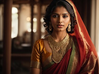 Naklejka premium Young and beautiful indian woman in traditional sari