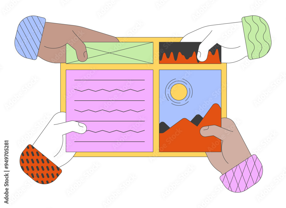Poster hands applying elements onto webpage cartoon illustration. creating app through graphical user inter