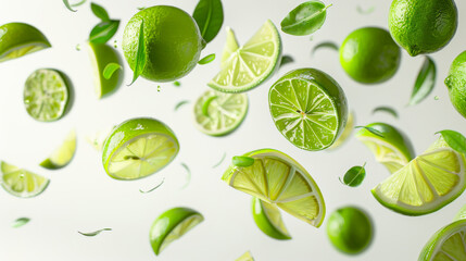 Various falling fresh ripe limi on light white background, horizontal composition