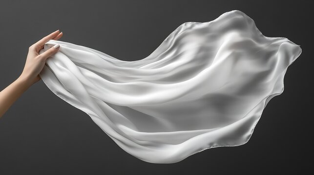 White silk scarf in womans hand floating on the wind on dark grey background Lifestyle Perfect for creating mockup for your own textile design or seamless pattern : Generative AI