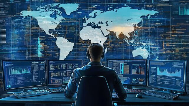 Hacker using a digital world map overlay on several PCs.