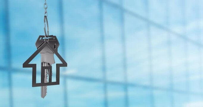 House-shaped keychain with keys animation over blurred glass building background