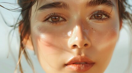 An Asian model with glowing, healthy skin and a natural look, soft natural light, minimalist setting, emphasizing purity and simplicity, hd quality, beauty and skincare focus. --ar 16:9 --v 6.