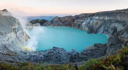 Kawah Ijen volcano located in Java island, fumaroles emit many sulfides every day and at night you can see blue fires. Banyuwangi, Sempol, East Java, Indonesia, Asia