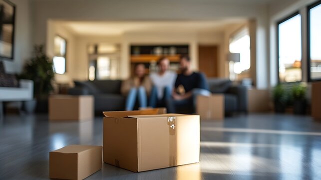 Document couple and new home owner on floor with cardboard for mortgage loan real estate investment or signature Living room box and people for happiness property or relocating in apar : Generative AI