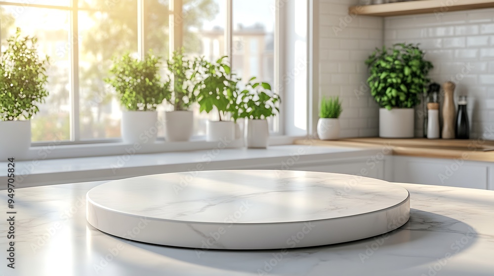 Poster empty beautiful round white tabletop counter on interior in clean and bright kitchen background read