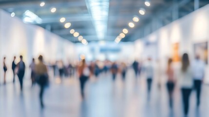 Background of an expo or convention with blurred individuals in an exposition hall. Concept image for a international exhibition, conference center, corporate marketing, or event fair
