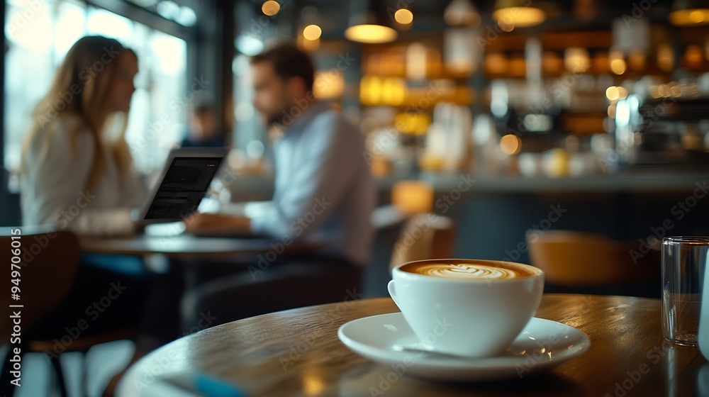 Aufkleber Coffee shop discussion and business people on tablet for conversation talking or planning for remote work Meeting teamwork and people on computer for internet research and website in r : Generative AI