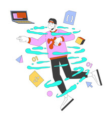 Asian man web developer in coding whirlpool 2D illustration concept. Programmer with laptop in workflow cartoon character isolated on white. Software designing metaphor abstract flat vector graphic