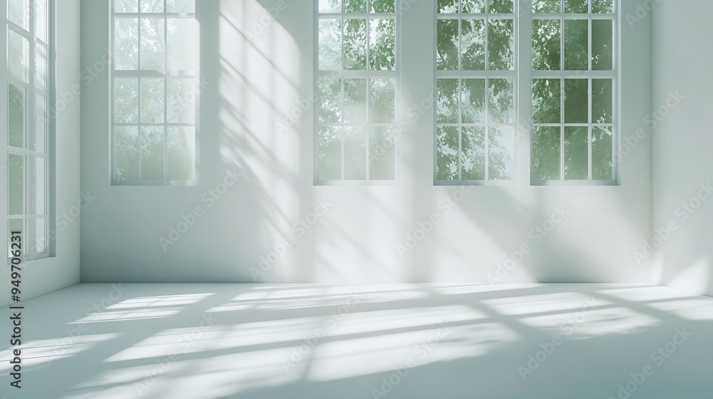 Poster abstract white studio background for product presentation with window shadows and sunlight blurred b