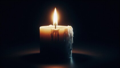 A single candle burning in a pitch-black room, casting a soft, warm glow that illuminates the surrounding darkness, with the wax slowly melting down the sides
