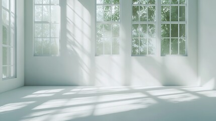 Fototapeta premium Abstract White Studio Background for Product Presentation with Window Shadows and Sunlight Blurred Backdrop Empty Room With Copy Space : Generative AI