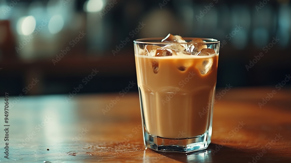 Poster iced coffee with ice cubes in a glass on the table : generative ai