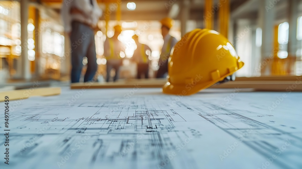 Poster engineer team is meeting to inspect the construction blueprint drawings work plan and distribute wor