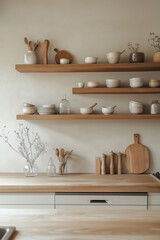 kitchenware counters, walls, and shelves with a modern Japandi minimal style, emphasizing a clean and light serene aesthetic: