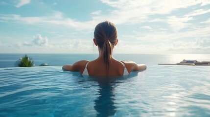 Happy woman in white swimsuit swimming in infinity pool at luxury hotel against ocean front young female enjoy in tropical resort Relaxing summer  travel holiday vacation and weekend c : Generative AI