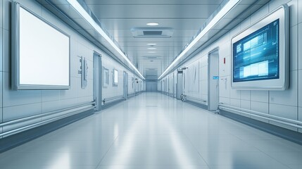Obraz premium Empty digital billboard in a cutting-edge hospital corridor, with sleek walls and advanced medical devices.