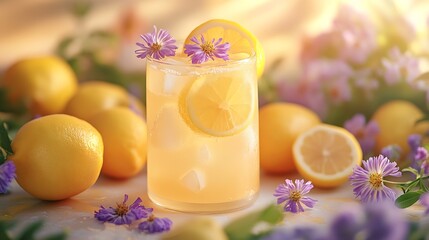 Fototapeta premium Fresh homemade lemonade with lemons and flowers With copy space : Generative AI