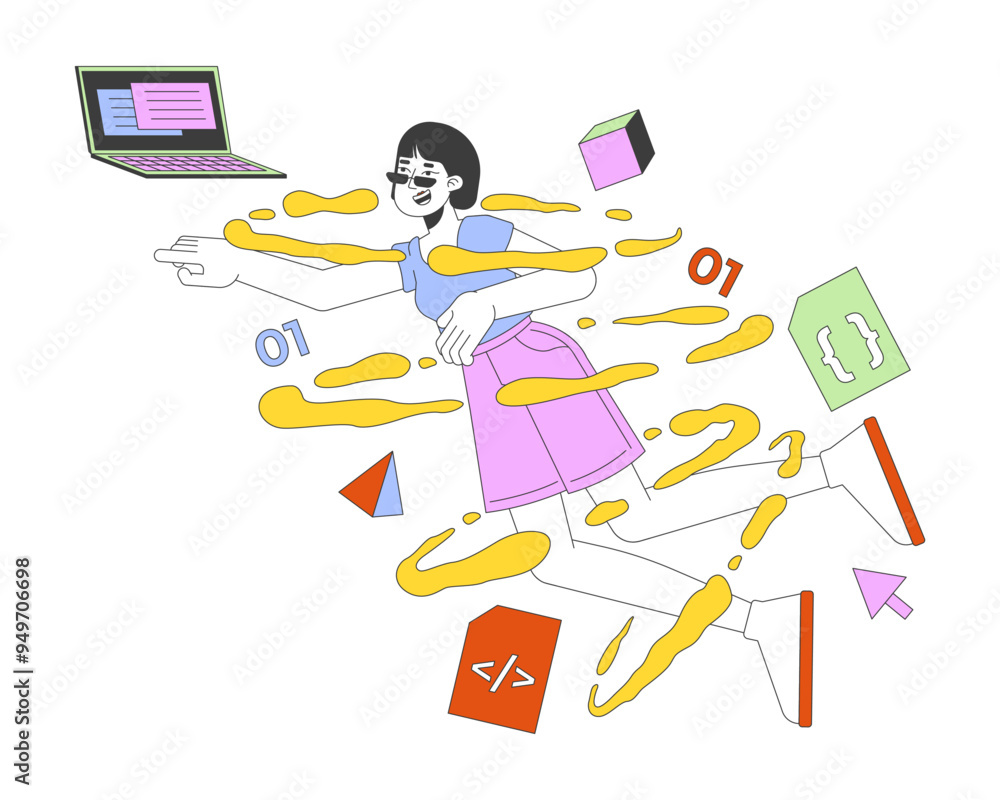 Poster inspired korean woman app developer 2d illustration concept. female web designer in swirl of coding 
