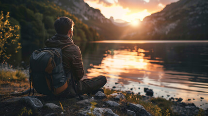 Man Lake Nature Outdoors Travel Adventure Concept