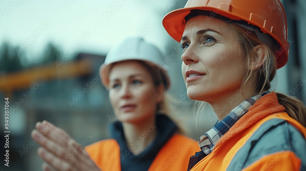 Poster Senior engineer and female foreman team checking project at precast concrete factory site Caucasian engineer and worker in hardhats discussing on construction site : Generative AI