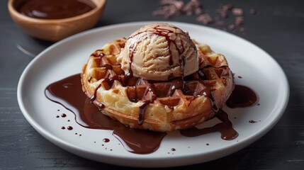 A freshly made waffle topped with a generous scoop of ice cream and drizzled with rich chocolate sauce