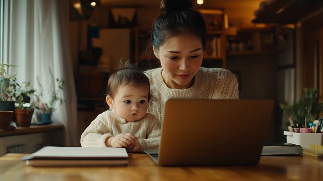 Kitchen writing and baby with mom remote work and child care in freelance career in home office Modern laptop or busy mother with newborn notebook and distraction for online job in fam : Generative AI