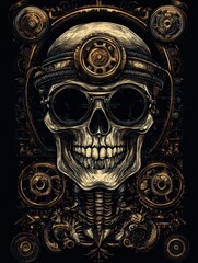 A detailed skull design with steampunk elements and mechanical gears.