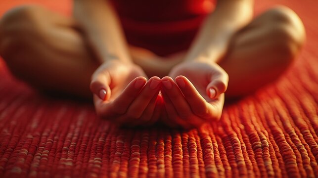 Home mat and hands of woman with meditation for inner peace spiritual awareness and mindfulness Calm female person and zen with holistic healing exercise for aura connection and chakra : Generative AI