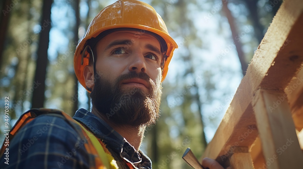 Poster Carpenter constructing wooden frame house near the forest Bearded man hammering nails into structure while wearing protective helmet and construction vest Concept of modern ecological  : Generative AI