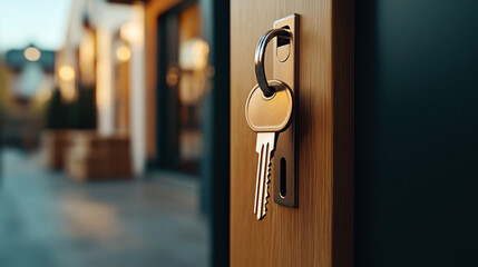 A close-up of a key inserted into a door lock with a blurred background of a modern outdoor setting.