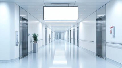 Minimalist hospital entrance with a prominent blank billboard above the automatic doors, set against a clean, modern backdrop.