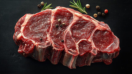 raw steaks top view on a black background.