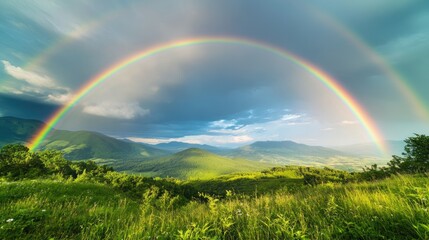 Naklejka premium Scenic view of a double rainbow spanning across a green valley, with the remnants of summer rain visible in the fresh landscape.