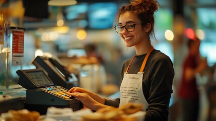 Fast Food Vendor Using the Cash Register Happy cashier making an order registration and billing at checkout : Generative AI