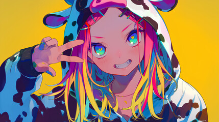 Naklejka premium cute cow character wearing anime onesie costume, anime style, cute kawaii, simple, smiling happy. neon psychedelic background