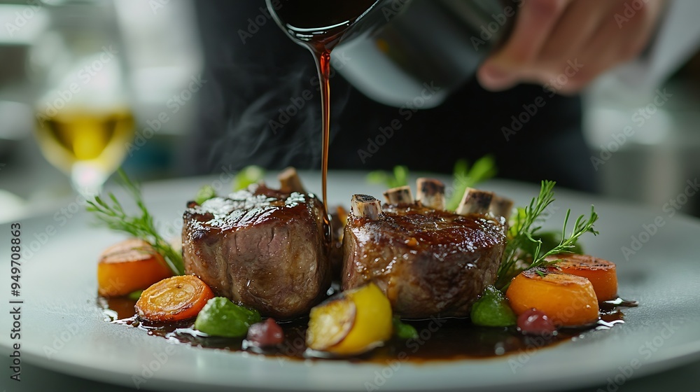 Poster chef pouring sauce on lamb chops with various vegetables at a fine dining restaurant : generative ai