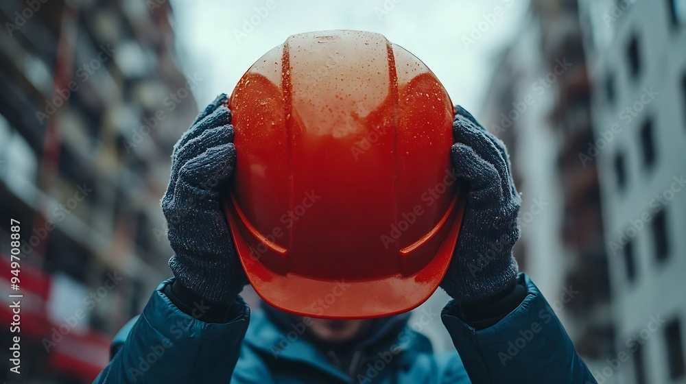 Poster helmet is in hands of builder hardhat for head protection man builder smiles as he holds out his hel